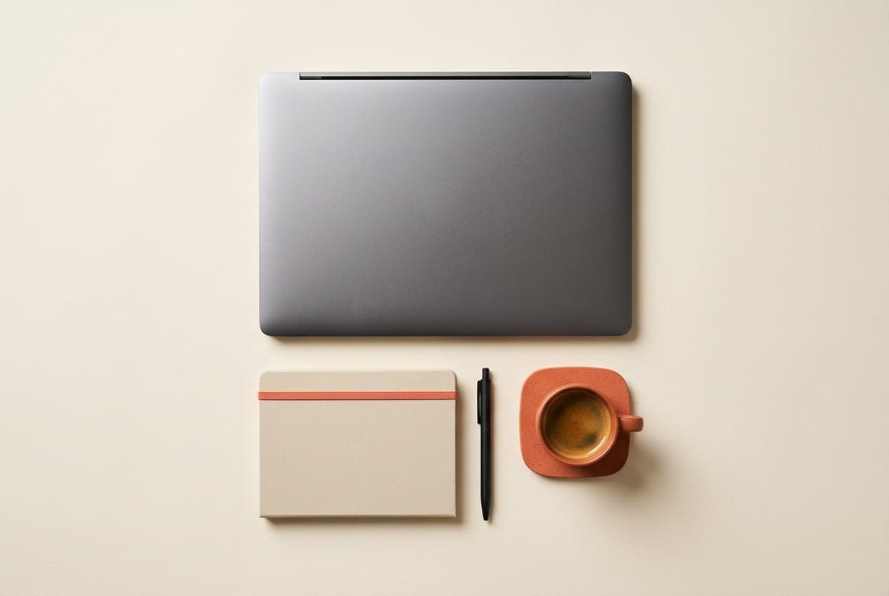 Aufgeräumter Schreibtisch im 99dev-Solo-Studio mit Laptop und Espresso